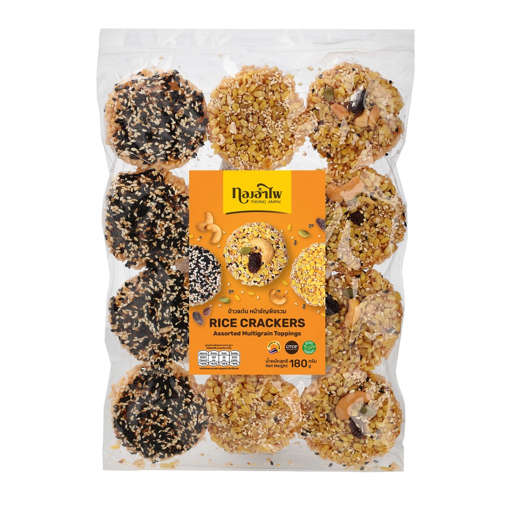 ทองอำไพ ข้าวแต๋นหน้าธัญพืชรวม 180 กรัม (3 หน้า) THONG AMPAI RICE CRACKER WITH MIXED GRAINS & NUTS TOPPING 180G