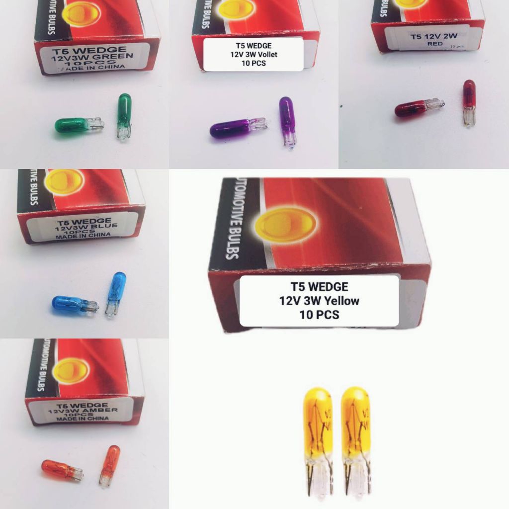 หลอดเสียบหน้าปัด T5 12v. 3w. ขนาด 5มิล มี แดง , เหลือง , ส้ม , เขียว , น้ำเงิน และ ม่วง ราคาต่อ 1กล่อง มี10ดวงเ