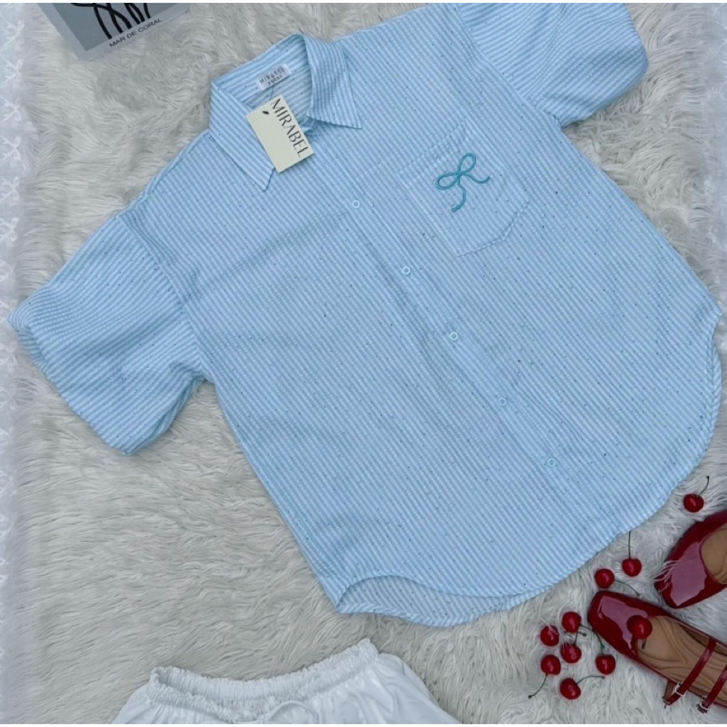 Z21.เสื้อเชิ้ตโอเวอร์ไซส์ แขนบอลลูน ปักเป๋าโบว์ผ้าใส่สบาย อก50” - รูปที่ 4