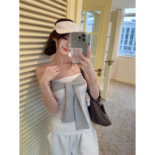 STR พร้อมส่ง🫐☔️เสื้อเกาะอกผู้หญิง ดีไซน์เชื่อกผูกหน้าอก สีพื้น แขนกุด เสื้อครอปทรงรัดรูป เซ็กซี่แฟชั่นY2K สไตล์อเมริกัน