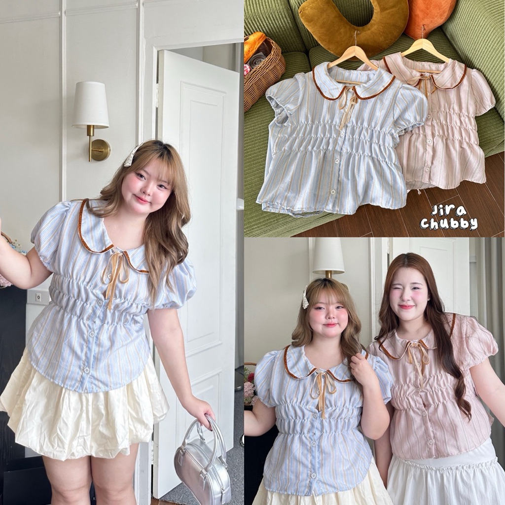 /JR/ เสื้อคอบัวสาวอวบ ไซส์อก38-48 ผ้าทอลายริ้ว กุ๊นตัดขอบปกกำมะหยี่ แต่งอกขยุ้ม ดูมีดีเทล #เสื้อไซส์ใหญ่ พลัสไซส์