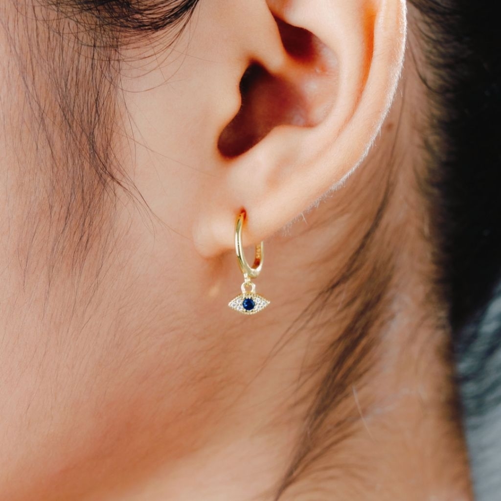 Vachana - Evil Eyes Blue CZ Huggie Hoop Earrings