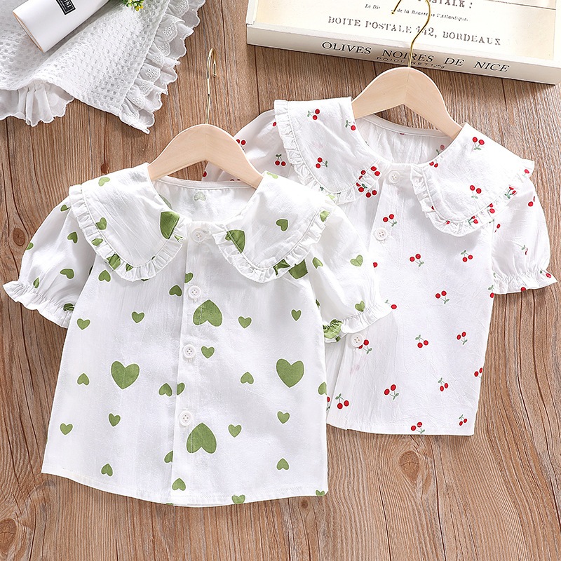 Babyonline(Y160)I6H6 (ส่งด่วน1วัน)เสื้อเชิ้ตแฟชั่นเด็กผู้หญิงคอปกแขนตุ๊กตาลายน่ารักมีกระดุมหน้า ผ้าฝ้าย นิ่ม ระบายอากาศ