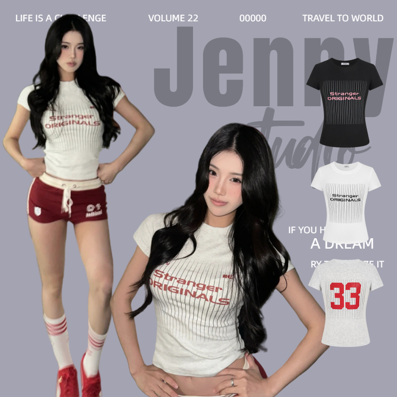 Jenny พร้อมส่ง เสื้อยืดแขนสั้นพิมพ์ลายย้อนยุคอเมริกัน เสื้อครอปใส่แล้วดูผอมหุ่นดี เสื้อทรงรัดรูปเอวลอย แฟชั่นผู้หญิง