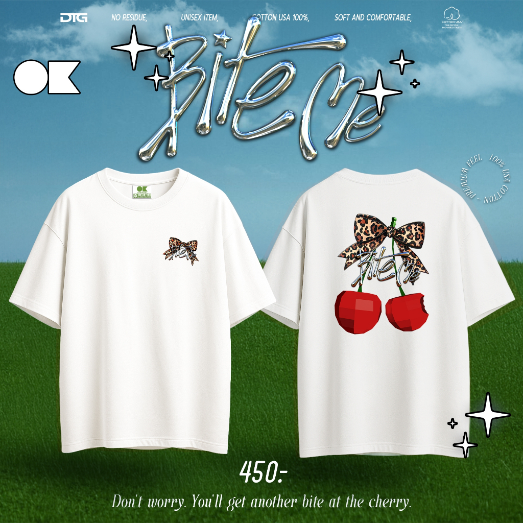 OK Apparel เสื้อยืดคอกลมแขนสั้น ลาย Ok Cherry Bite me Oversize Cotton ⚡️USAคุ้มสุด!