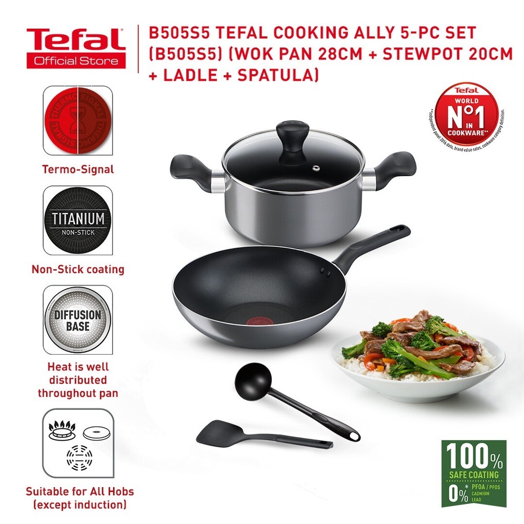 Tefal Cooking Ally  เซ็ตเครื่องครัว 5 ชิ้น รุ่น  B505S595 : กระทะก้นลึก 28 ซม. + หม้อ 2 หู 20 ซม. + 