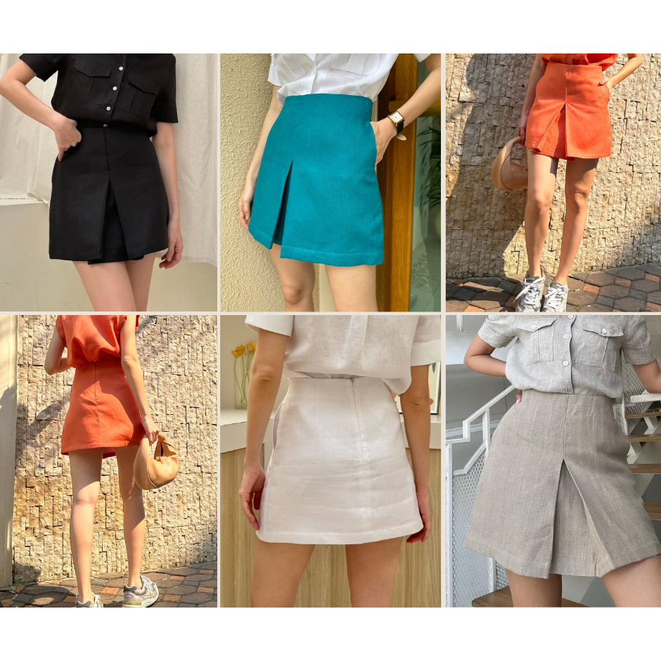 PLOWBRANDS กระโปรงสั้น SK0007 Inspire Mini skirt" ผ้าลินินแท้ 100% ตัดเย็บเนี้ยบ มีซับในเย็บติดทั้งตัว