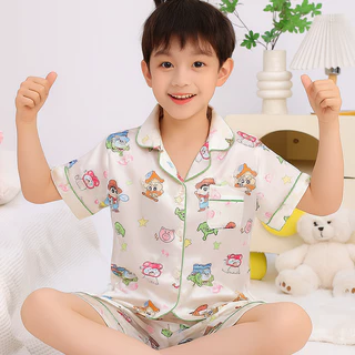 ชุดนอนเด็กผ้าซาติน ลื่น ผ้าเย็นสบายเรียบ ชุดนอนเด็กขาสั้นแขนสั้น คอปก กระดุมหน้าใส่ง่าย ผ้าคอตตอน ลายการ์ตูน สีสดใส