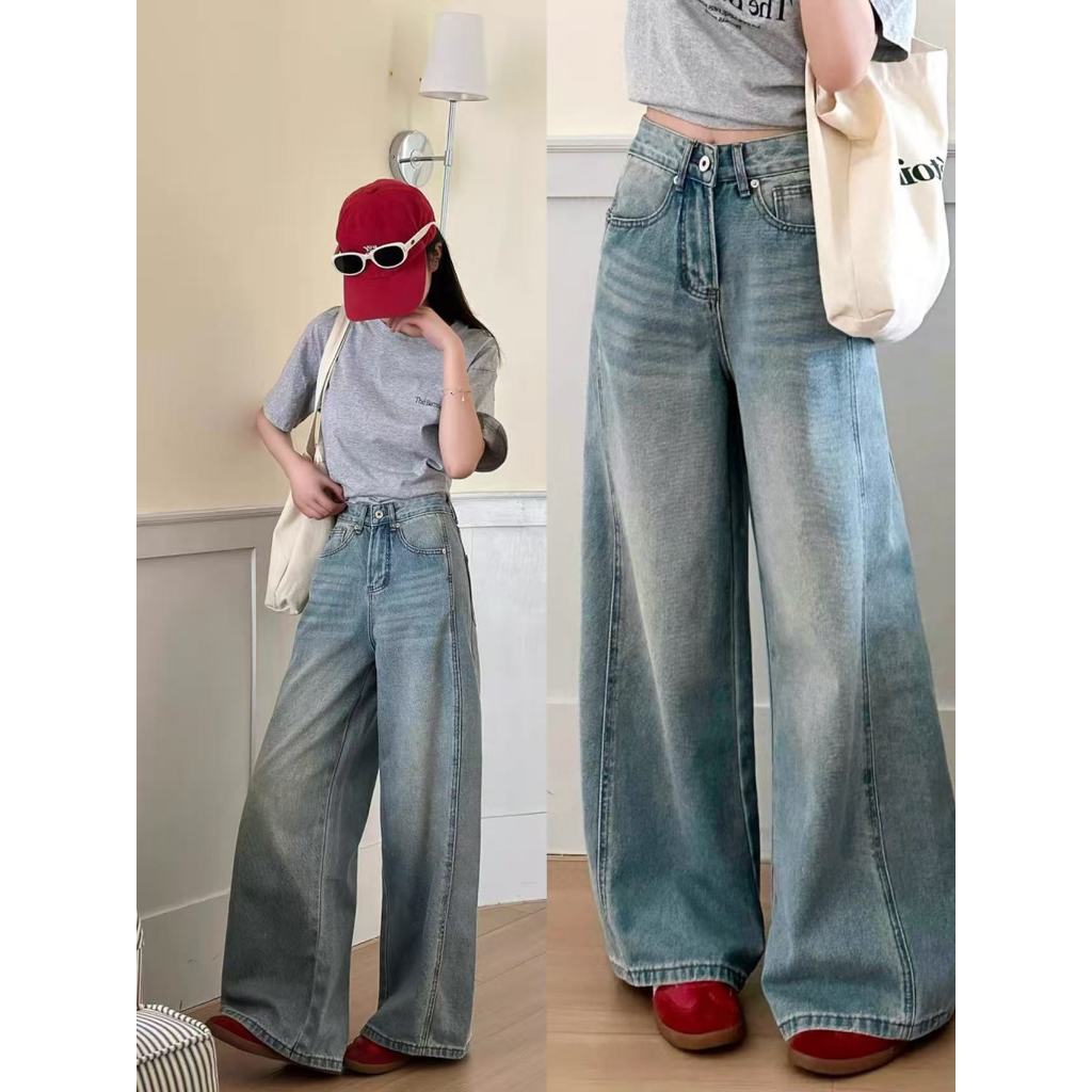 กางเกงยีนส์เอวสูงผู้หญิงสีอ่อนกางเกงหลวมสำหรับสาวอ้วนรูปร่างลูกแพร์ลดน้ำหนัก moonlite.th