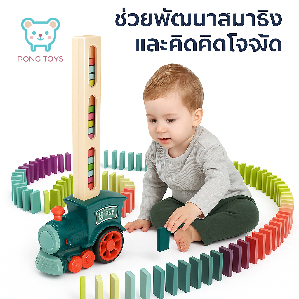 Pong Toysของเล่นรถไฟโทมัส ของเล่นเด็ก Domino Train ชุดของเล่น60วางรถไฟบล็อกเกมของเล่นวาง Domino อัตโ