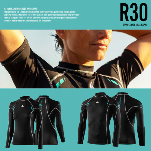 Waterproof R30 Rash Guard Long Sleeve  Lycra และ Spandex ปกป้องรังสีระดับ 50+UVF UVB ใส่ได้กับเวทสูท