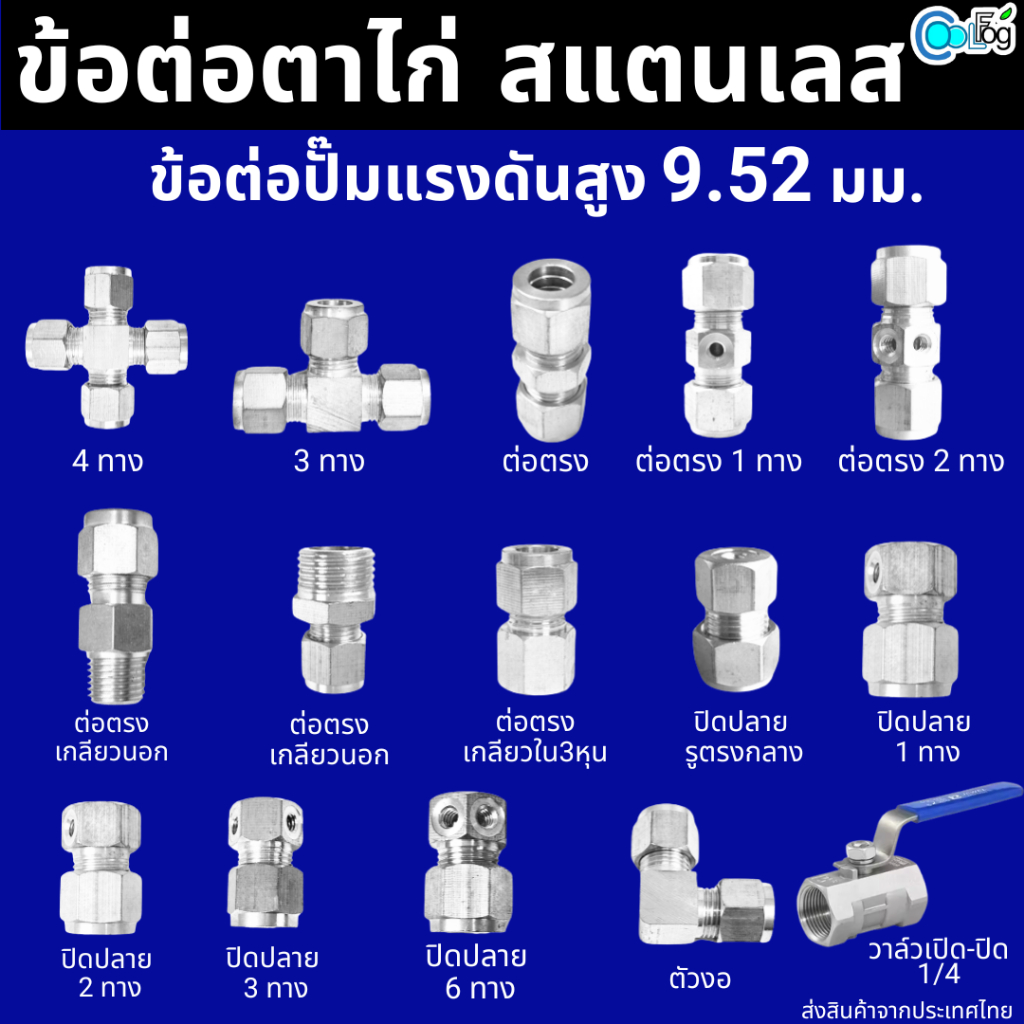 ข้อต่อตาไก่ ข้อต่อสแตนเลส ใช้ท่อสแตนเลส สายPE สายแรงดันสูง 9.52มม.