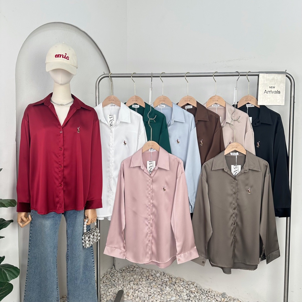 Mook_shop เสื้อเชิ้ตซาตินแขนยาวปัก เสื้อผ้าแฟชั่น เสื้อผ้าผู้หญิง