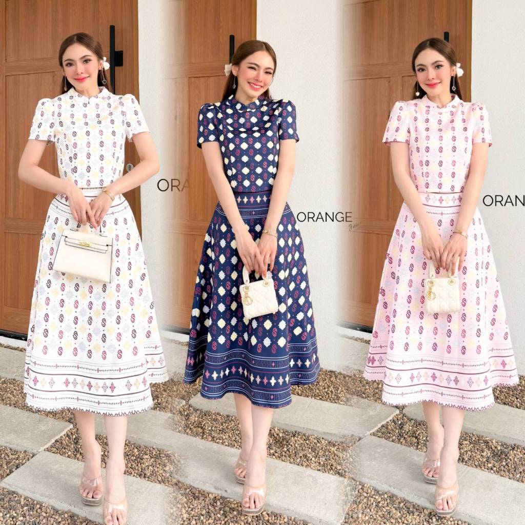 OR21791 ชุดเซ็ทพิมพ์ลาย ผ้าเนื้อดีหนานุ่ม เสื้อทรงคอตั้งแขนสั้น กระโปรงทรงเอ