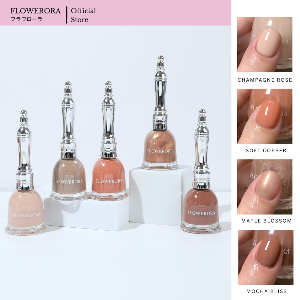 FLOWERORA (โทนน้ำตาล) สีทาเล็บกึ่งเจล ไม่ต้องอบ ไม่มีกลิ่นฉุน ทาในห้องแอร์ได้