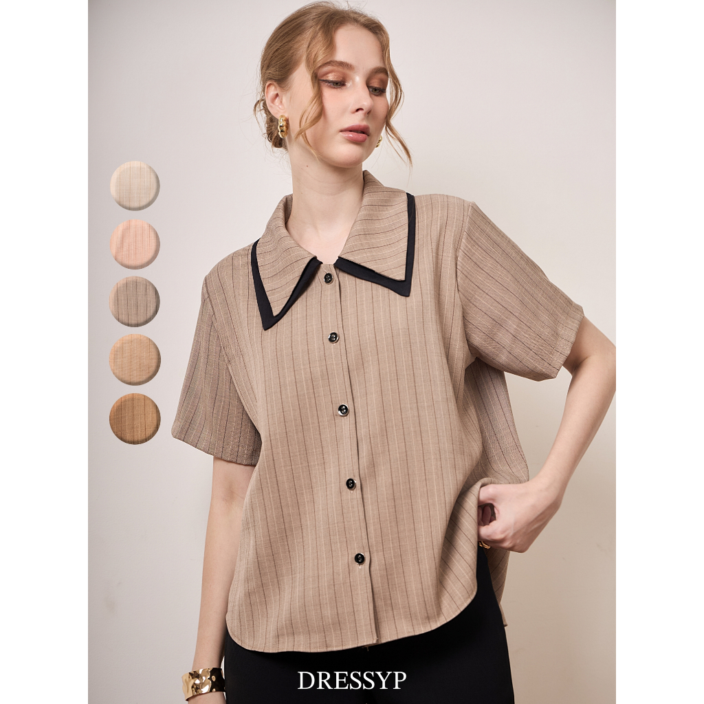 dressyp – Florens Striped Shirt เสื้อคอปก2ชั้น แต่งกระดุม ลายริ้วเล็ก ดีเทล คอปกสลับสีได้ ดีไซน์สุด Signature DP349 – โปรปัง