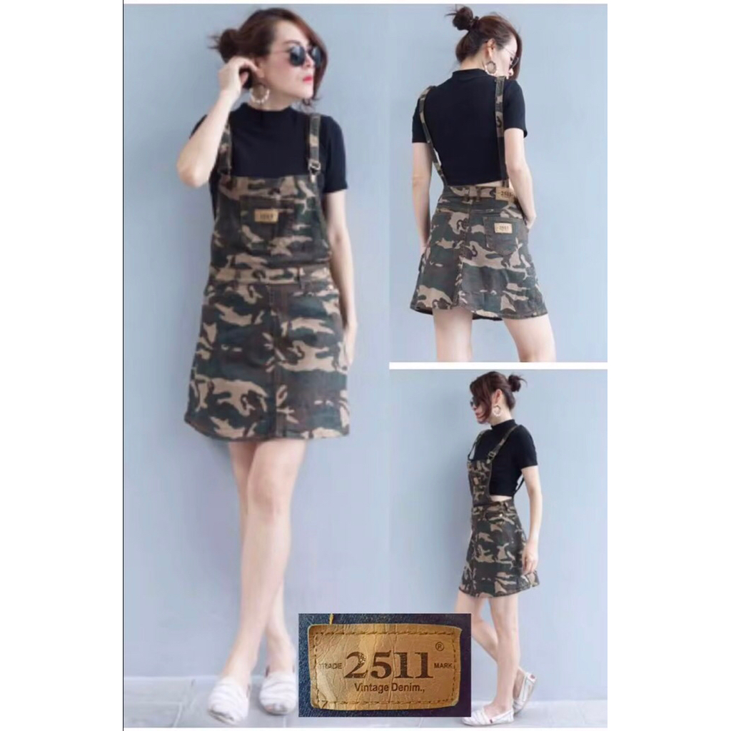 เอี๊ยมกระโปรงยีนส์ลายทหารพรางผ้ายืดเล็กน้อยมีS,M,L
