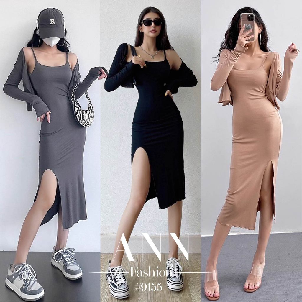 Ann.Fashion เดรสรัดรูปสายเดี่ยวผ่าข้าง สีดำ แถมเสื้อคลุม ใส่สบายผ้ายืดระบายอากาศ สีพื้น #9155
