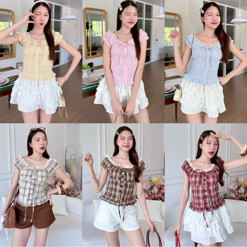 เสื้อปาดไหล่แขนตุ๊กตาปาดไหล่ระบายลูกไม้ระบายรอบตัว ใส่ได้2 แบบคิ้วท์มาก แต่งกระดุมดอกไม้