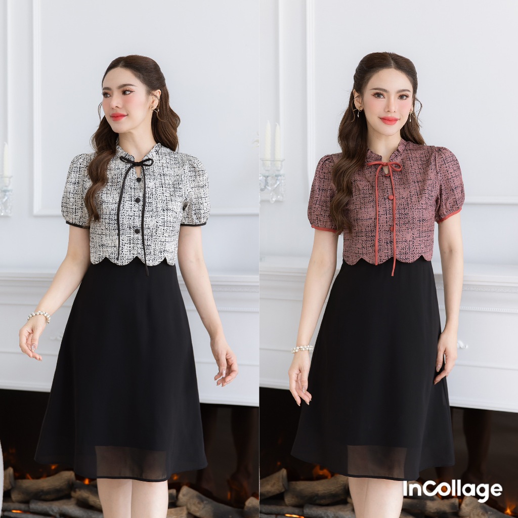 487-01-02เคริฟพิมพ์ลายครีมและน้ำตาลแดง ด้านบนเป็นผ้าพิมพ์ลายอัดกาวอยู่ทรงสวย กระโปรงชีฟองสวยพริ้วใส่สบาย มีดีเทลเป็นเสื้