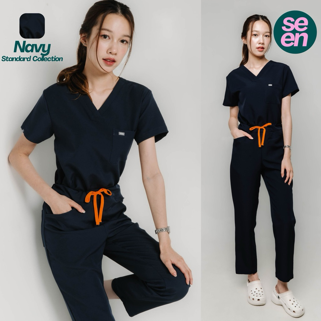 ชุดสครับการแพทย์ สี Navy (เชือกสีส้ม) รุ่น Standard (รวมเสื้อและกางเกง)