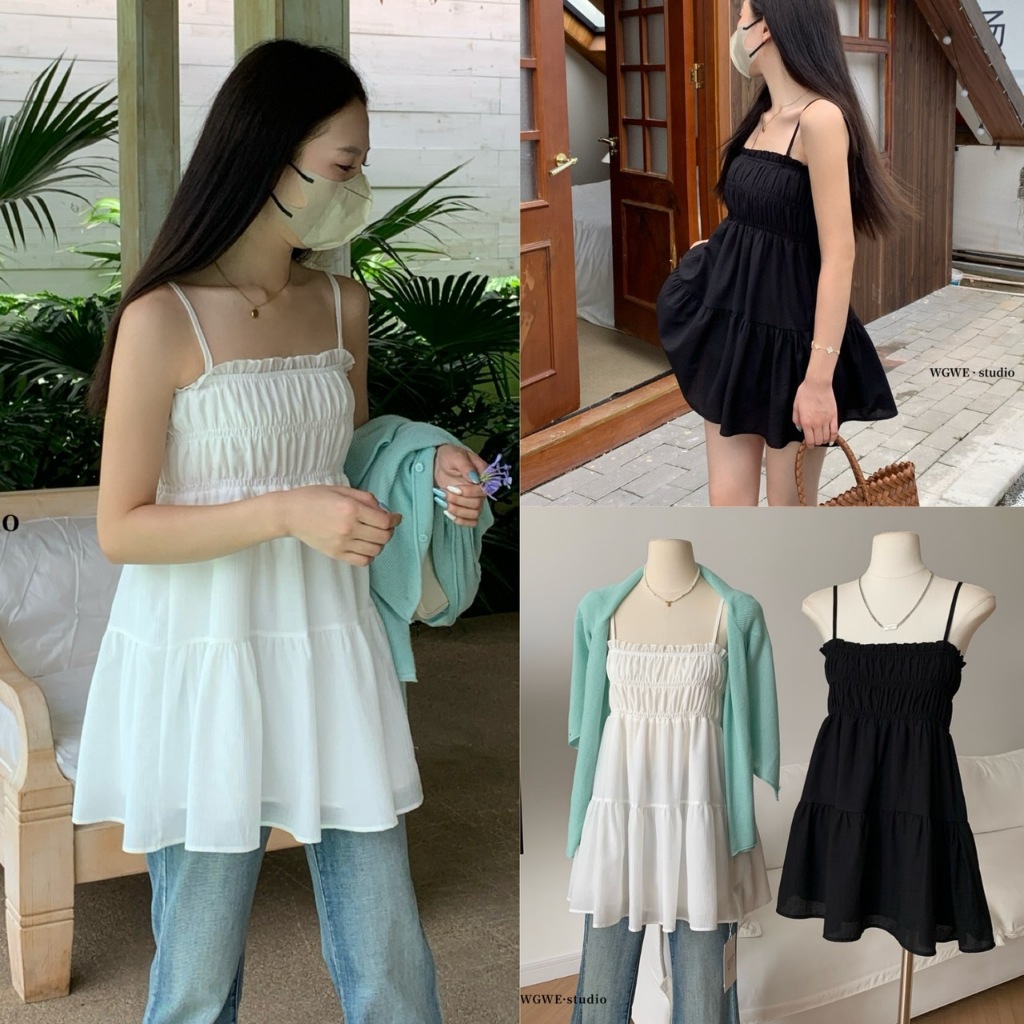 W6369 เสื้อสายเดี่ยว ชายระบาย ช่วงอกแต่งผ้าย่น ใส่ง่ายค่ะ ยืดหยุ่นได้ดี สายปรับได้ค่ะ ผ้าแฟชั่นเกาหลี TAG WG.WE