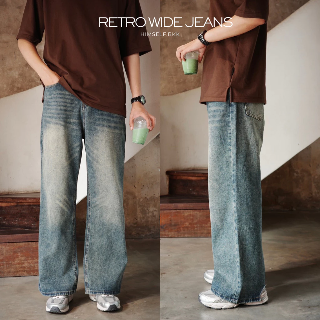 HIMSELF RETRO WIDE JEANS ยีนส์ผู้ชายทรงหลวม เอวสูง ขากระบอกขาตรง ผ้าใส่สบาย ทรงวินเทจแต่งตัวง่าย