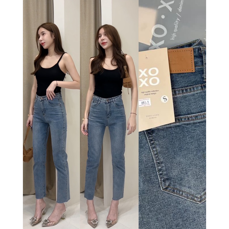 ยีนส์888-1 ทรงบอยขากระบอกเล็ก เองสูง ผ้ายืด งานป้ายแท้ นำเข้า