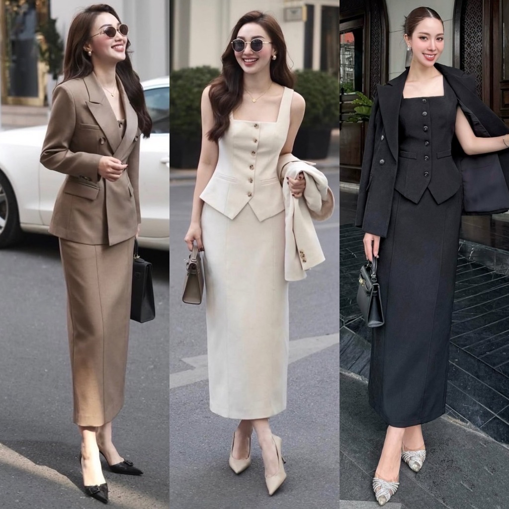 🚩ร้านโค้ดคุ้ม🚩 LA LA BELLE เซต 3 ชิ้นผ้าสูทอัดกาวอย่างดี ใส่ออกงาน ทำงาน รุ่นกระโปรง สวย หรู ดูดีมาก