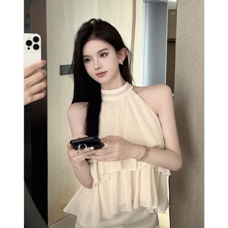 [Sheing office]🌟พร้อมส่ง🌟เสื้อกั๊กผ้าชีฟองคอฮอลเตอร์ประดับเพชรแขนกุดแบบเปิดไหล่สำหรับผู้หญิง รูปที่ 3