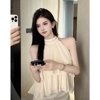 [Sheing office]🌟พร้อมส่ง🌟เสื้อกั๊กผ้าชีฟองคอฮอลเตอร์ประดับเพชรแขนกุดแบบเปิดไหล่สำหรับผู้หญิง