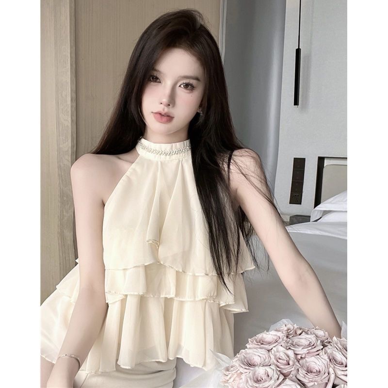 เสื้อกั๊กชีฟองคอฮอลเตอร์ประดับเพชร: แขนกุดเปิดไหล่ สวยหรูใส่สบาย