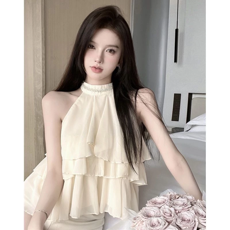 [Sheing office]🌟พร้อมส่ง🌟เสื้อกั๊กผ้าชีฟองคอฮอลเตอร์ประดับเพชรแขนกุดแบบเปิดไหล่สำหรับผู้หญิง