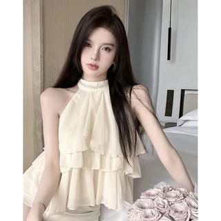 [Sheing office]🌟พร้อมส่ง🌟เสื้อกั๊กผ้าชีฟองคอฮอลเตอร์ประดับเพชรแขนกุดแบบเปิดไหล่สำหรับผู้หญิง