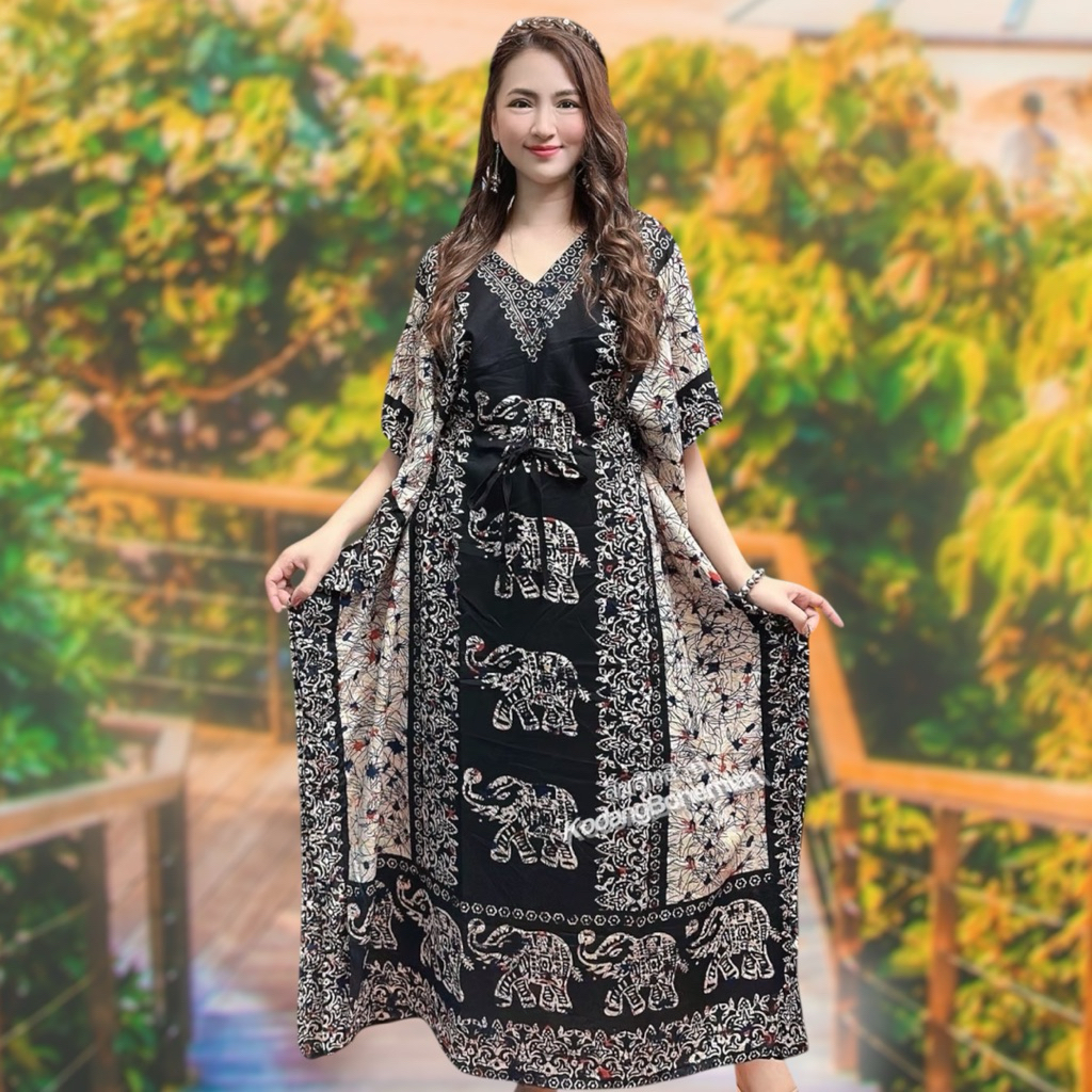เดรสโบฮีเมี่ยนยาว ลายช้าง ทรงปีกผีเสื้อยาว สวยเท่ ใส่สบายเว่อร์ (รุ่นพิเศษ มีเชือกปรับขนาดทุกตัว)