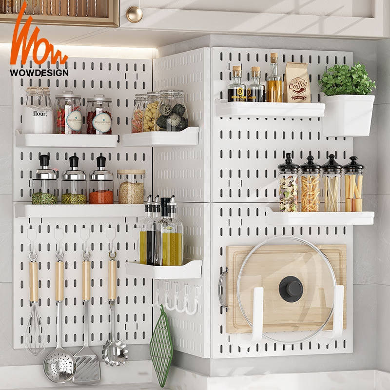 ชั้นวาง Pegboard แบบติดผนังในครัว ชั้นวาง Pegboard แบบติดผนัง ชั้นวาง Pegboard แบบติดผนัง DIY อุปกรณ