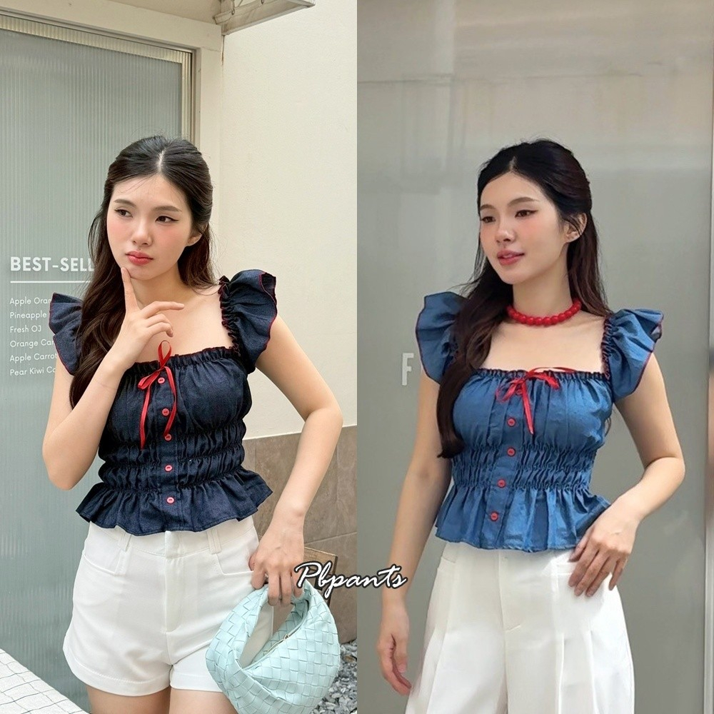 Pbpants เสื้อแขนระบายผ้ายีนส์