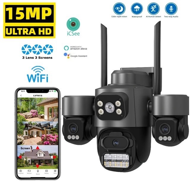 ICSEE กล้องวงจรปิด 3เลนส์ WIFi Cctv ความคมชัด4K มีไมค์มีลำโพง มีภาพสีตอนกลางคืน แจ้งเตือนผ่านแอปติดต