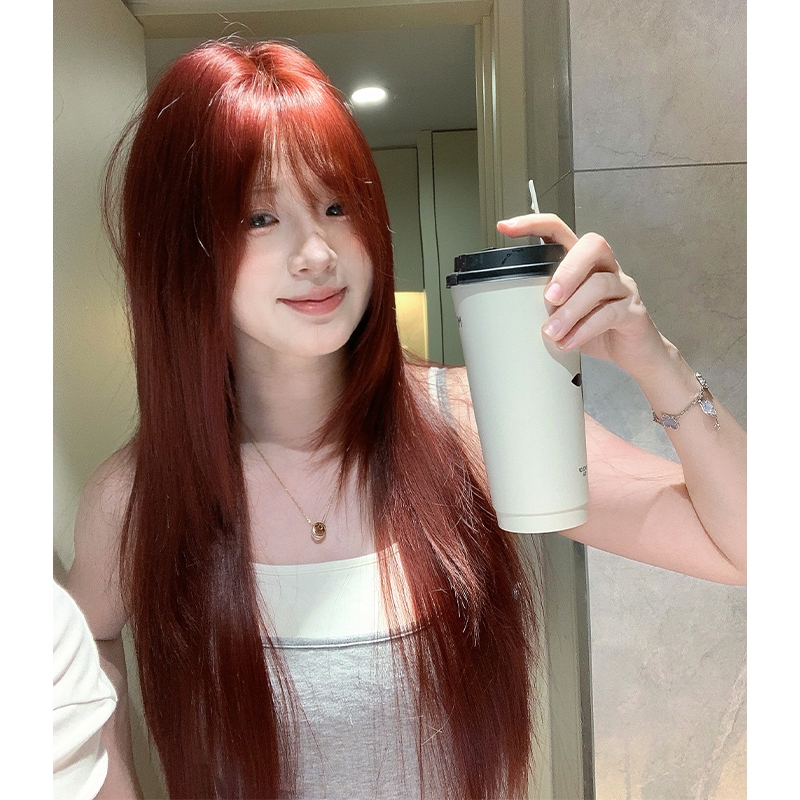 GDS Wigs วิกผมตรงสไลด์เลเยอร์สีไวน์แดง มีหน้าม้า (ยาว 75 cm)