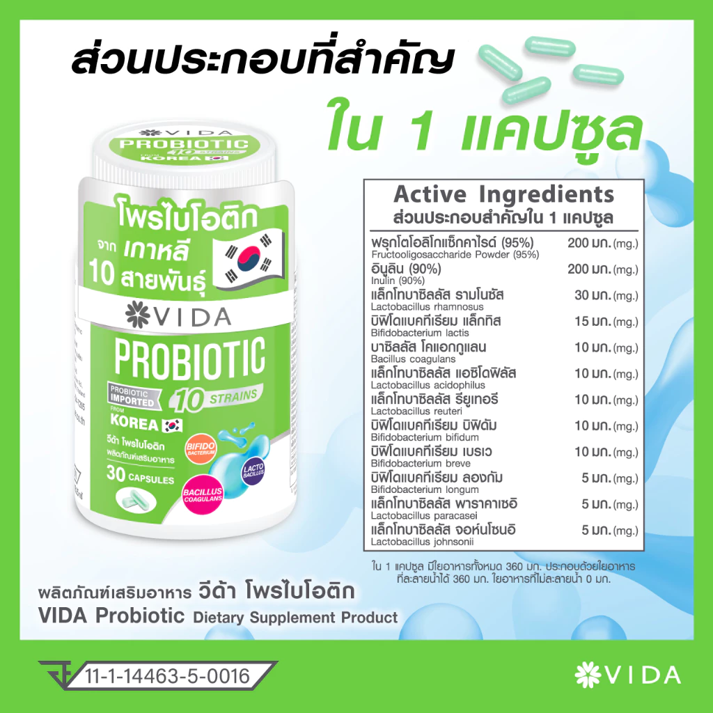 Vida Probiotic วีด้า โพรไบโอติก 10 สายพันธุ์ + พรีไบโอติก 30 แคปซูล thumbnail 8