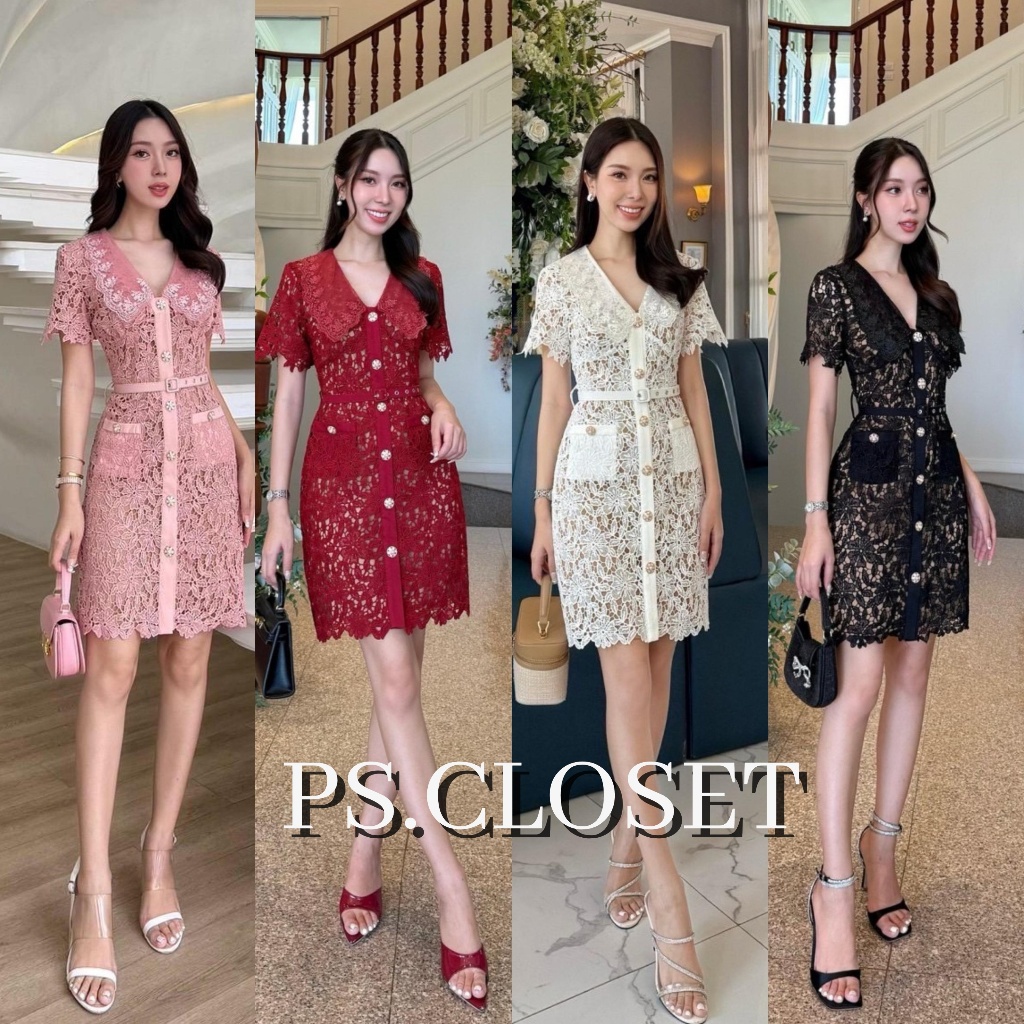 ❣️พร้อมส่ง S-2XL 📌 ABIGAIL เดรสลูกไม้+เข็มขัด แบบใบเฟิร์น ซับแยก ใส่ออกงาน งานบุญ งานบวช PS.CLOSET