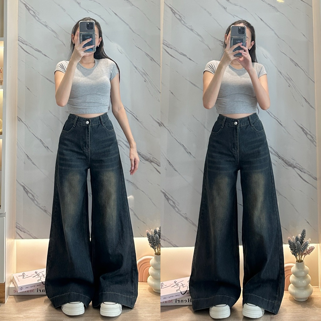 Baggy Jeans สี Dark Blue เฟดสนิม #8321 ขาบานเอวสูง ผ้าไม่ยืด รุ่นนิยม ขายดี ใส่เอวต่ำเอวสูงได้