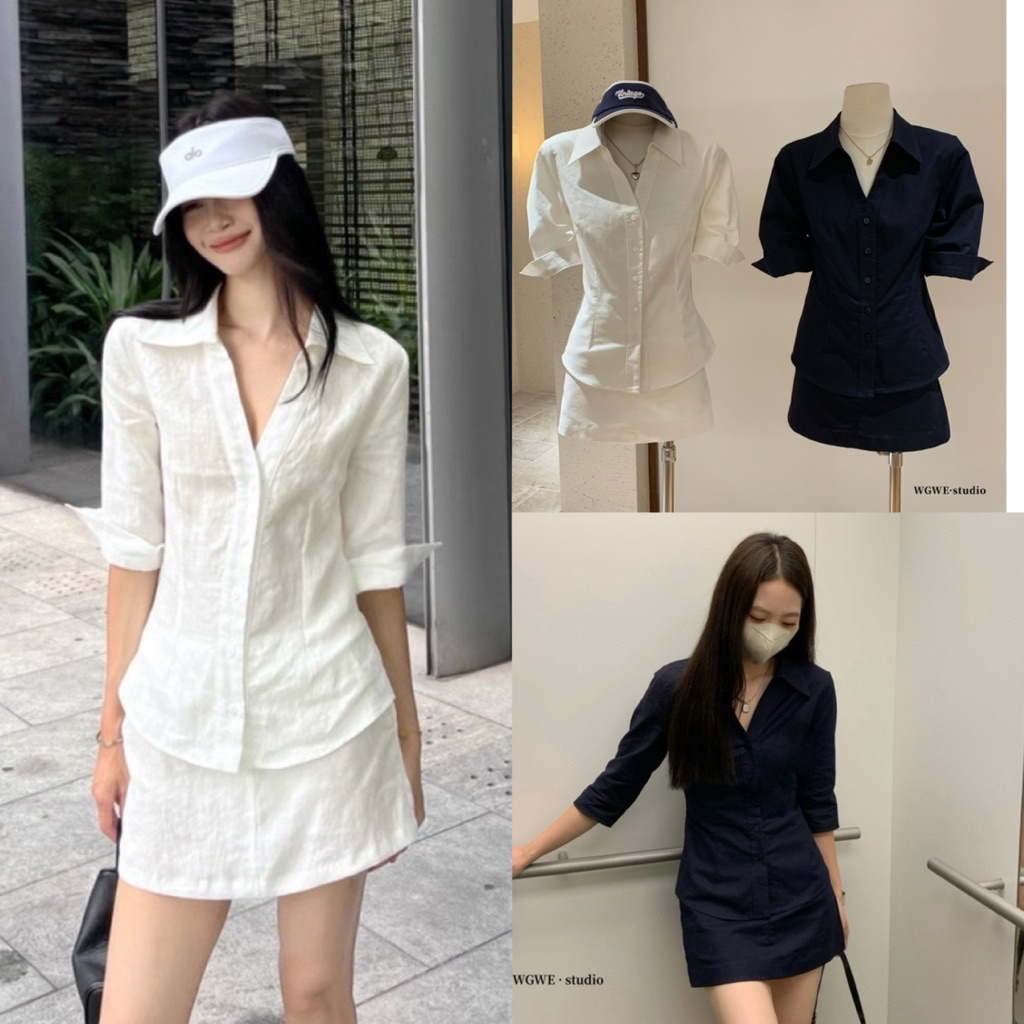 6670# Set 2 pcs เสื้อแขนสั้นคอปก กระดุมหน้า + กระโปรงสั้น ซับในกางเกง เนื้อผ้าดี ทรงสวย TAG:WG.WE 🇰🇷