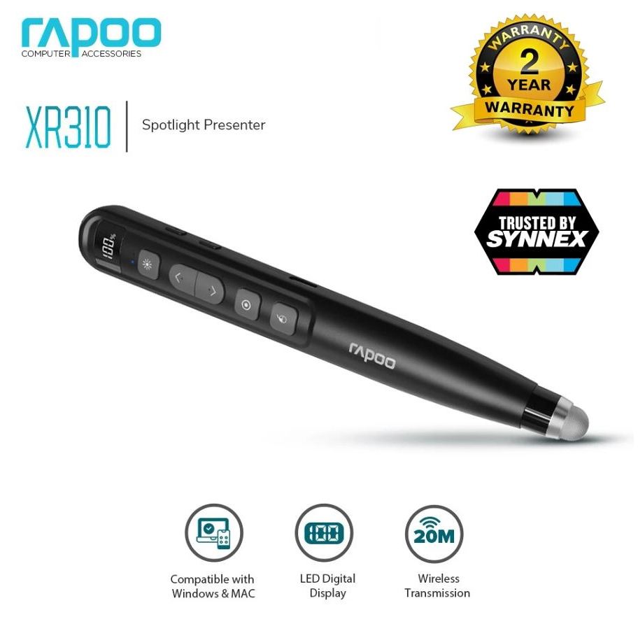 RAPOO WIRELESS PRESENTER XR310 เลเซอร์พ้อยเตอร์แสงสีเขียว ใช้สำหรับพรีเซน Model : XR310-BK