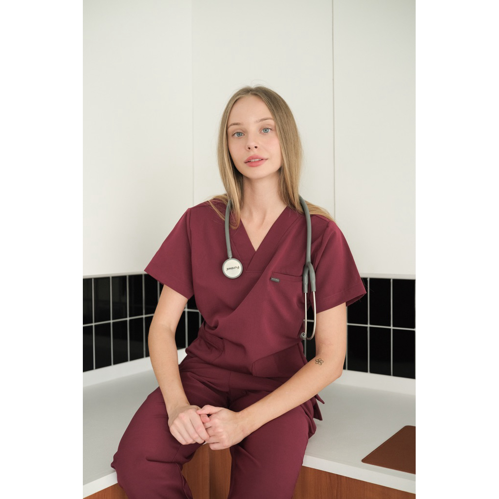 HOURS.Scrub l First Hours Collection l ชุดสครับคอวี women สี Cherry Red