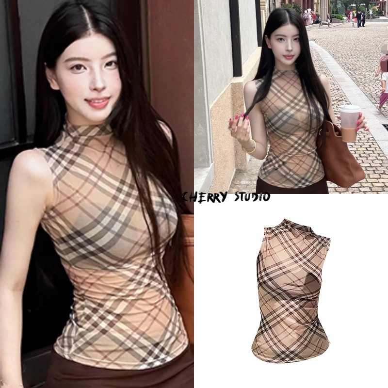 Cherryพร้อมส่ง🥑เสื้อครอปท็อป ผ้าตาข่าย เสื้อกล้ามสีมัดยอม เรียบหรู ดูแพง แฟชั่นผู้หญิง ทรงรัดรูป แขนกดุคอสูง ชุดจ้าหญิง