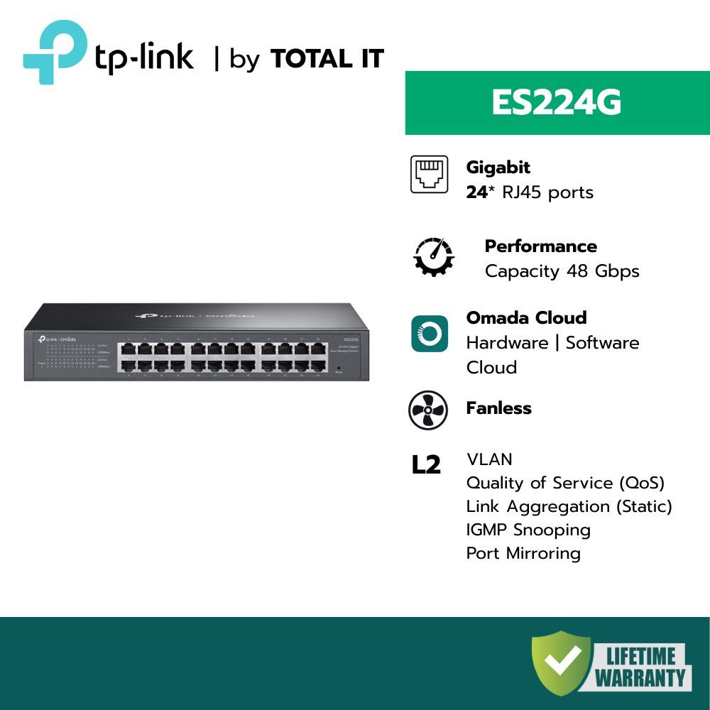 (พร้อมส่ง) TP-LINK Omada ES224G สวิตช์ 24 พอร์ต Gigabit (Fanless) สำหรับออฟฟิศ ประกันศูนย์