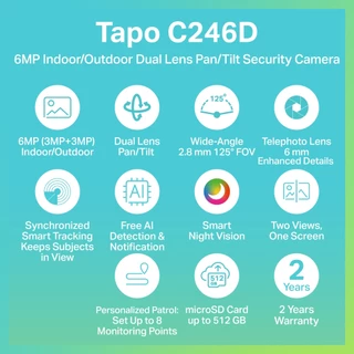 TP-Link Tapo C246D กล้อง 2 เลนส์ 6MP เลนส์มุมกว้าง125° เทเลโฟโต้ 6มม. Indoor/Outdoor Dual Lens Pan/Tilt Security Camera