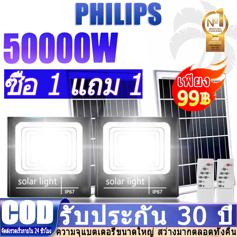 ไฟโซล่าเซล 50000W ไฟโซล่าเซลล์ ไฟสปอร์ตไลท์ ซื้อ 1 แถม 1 Solar Light โซลาร์เซลล์ ไฟสปอร์ตไลท์ LED IP67 เปิดปิดอัตโนมัติ