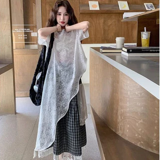 shayne-2025 ใหม่ เสื้อยืดสตรี ผิดปกติ รุ่นยาว ลูกไม้ ประเภทรุ่นหลวม ความเรียบง่าย หวาน แฟชั่นฤดูร้อน